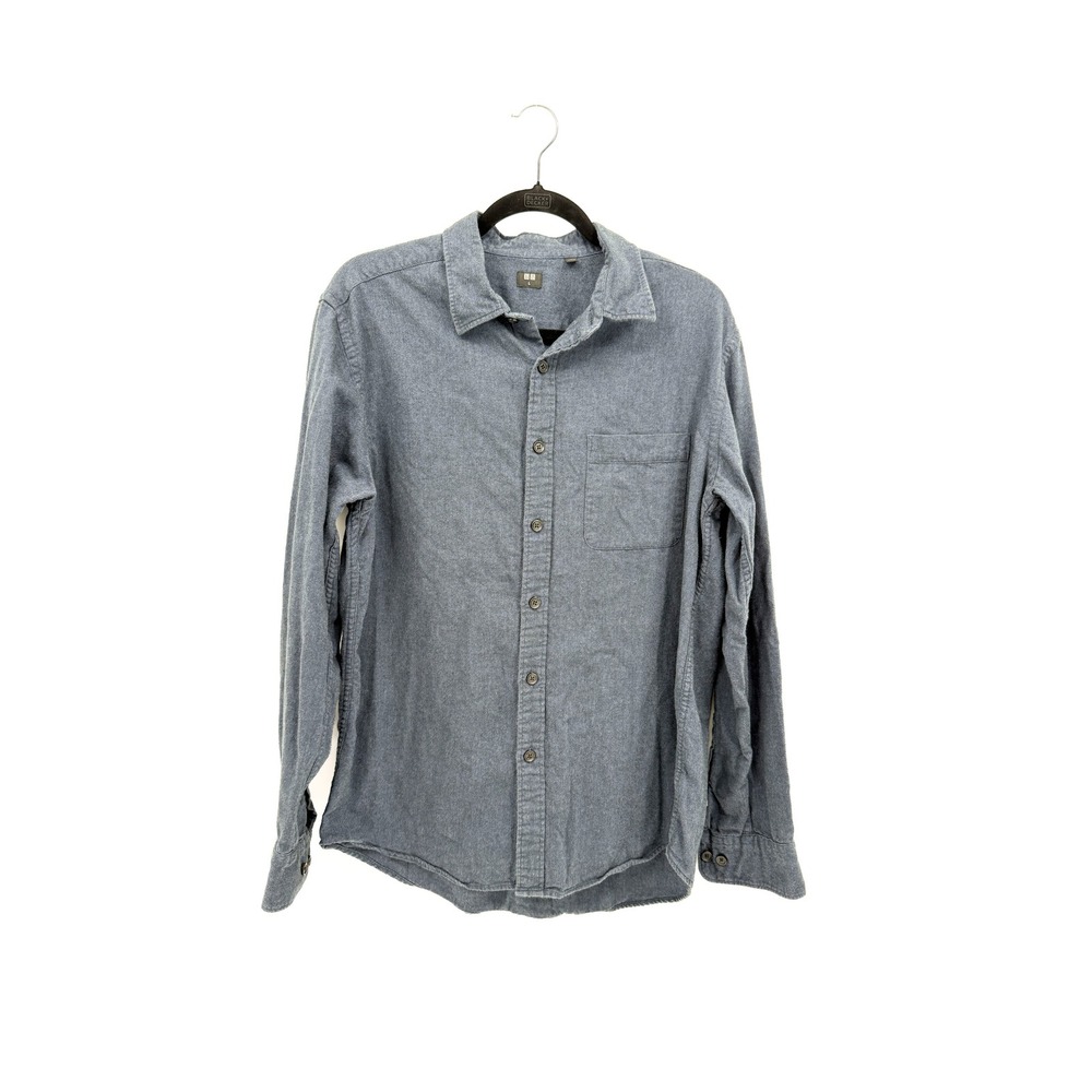 Uniqlo Flannel Shirt Men Large Blue Solid Button Up Long Sleeve 331-419031